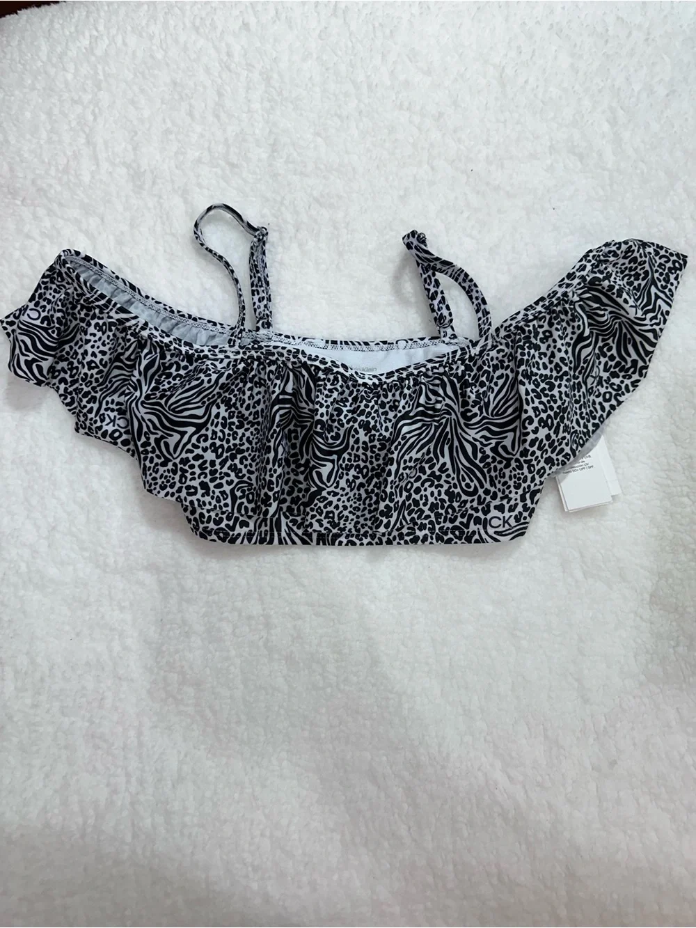 Girl’s Calvin Klein Black & White Animal Print Ruffle Bikini Set